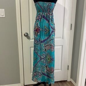 Elegant Strapless Turquoise Paisley Dress 100%Silk